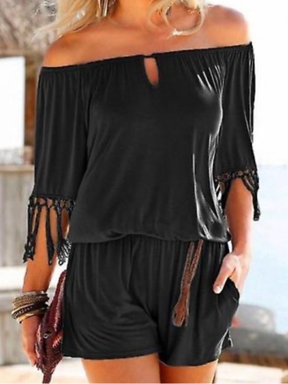 Black Fringe Sleeve Romper